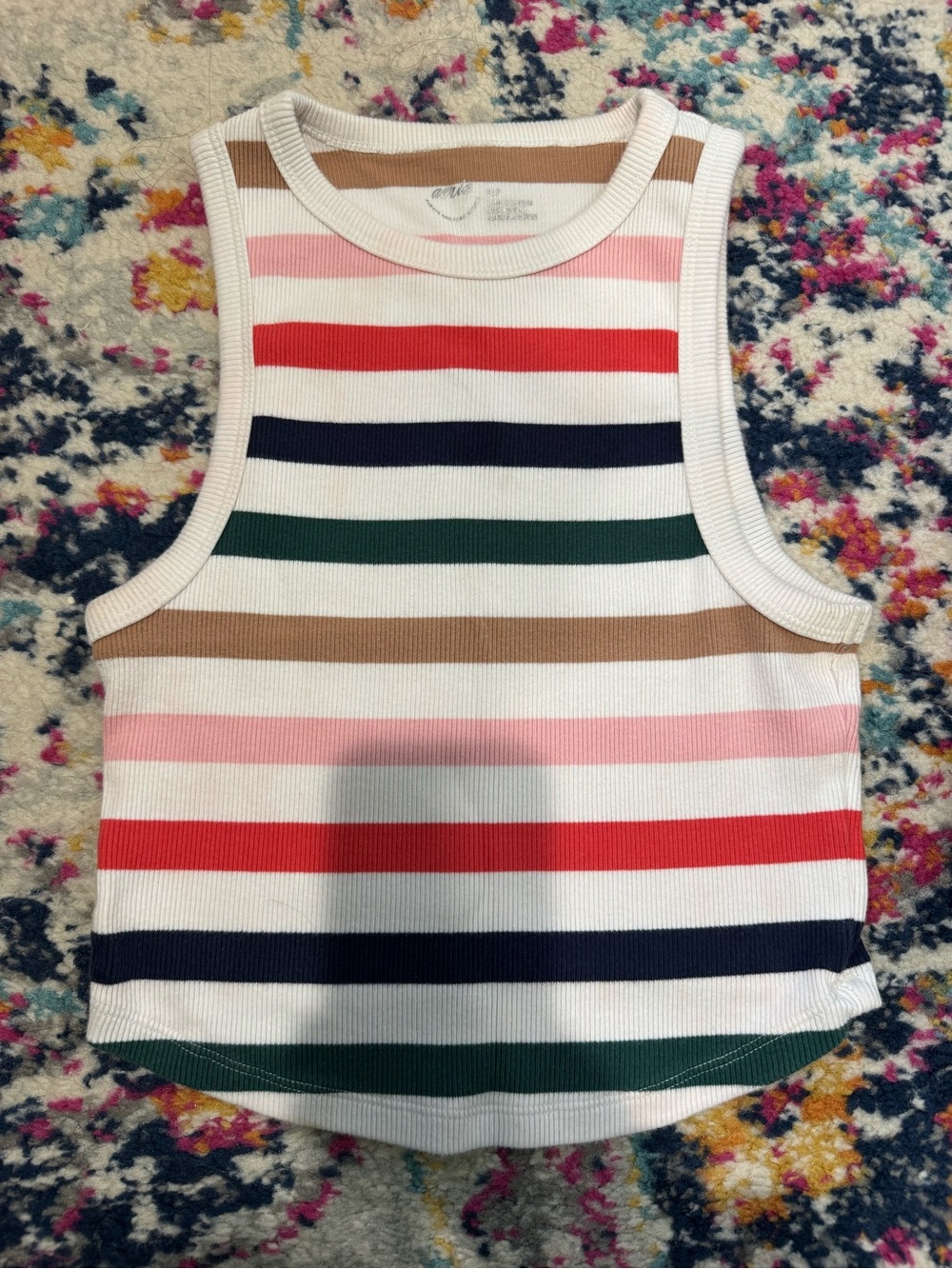 aerie White Ribbed Tank with Pink, Red, Navy, Green & Tan Stripes